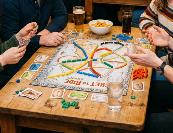 Group of friends sitting around a table playing a board game and laughing